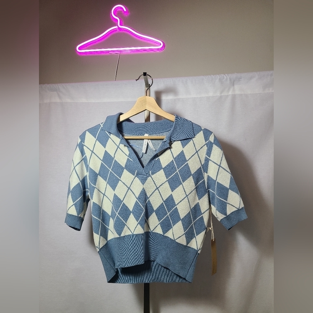 Dreamers blue and white checkered knit sweater- New with tags- Womens size small